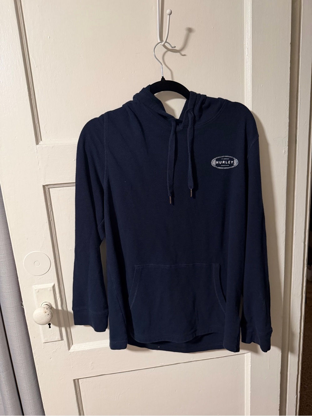 Men’s Navy Hurley Logo Waffle Knit Hooded Sweater Cotton Blend Sz L Y2K Inspired